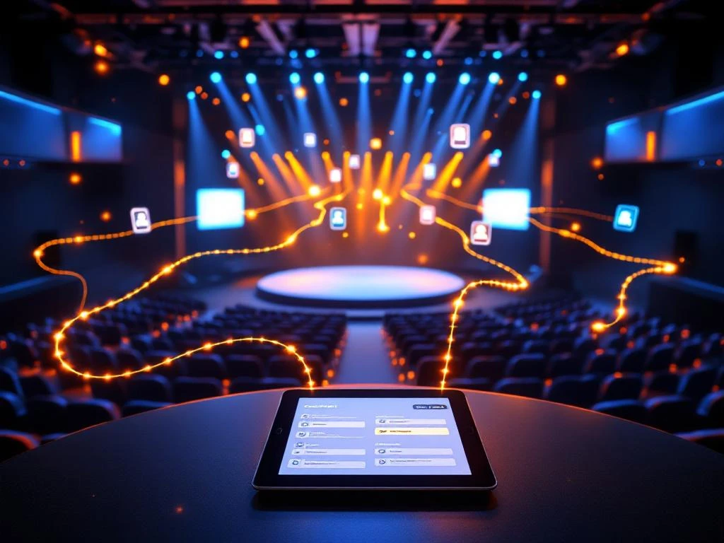 Moderne conferentiezaal met digitale verbindingslijnen tussen podium en zwevende smartphones voor leadgeneratie