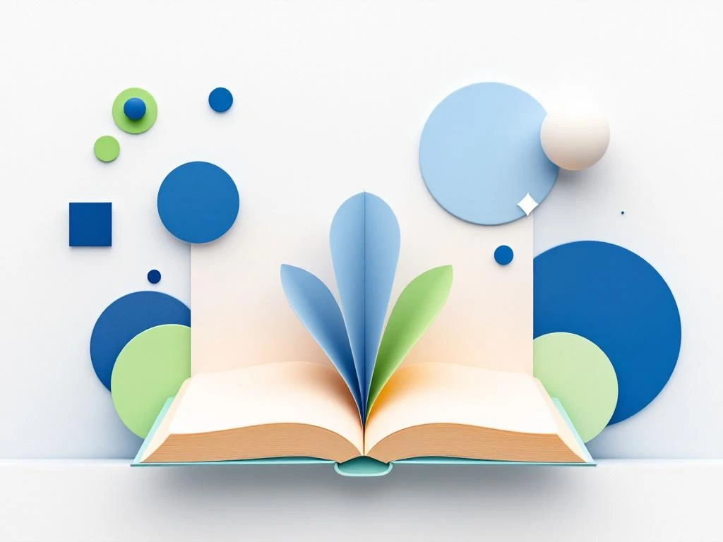 Abstract boeksymbool in blauw en groen met geometrische vormen op witte achtergrond, symboliseert leren en groei.