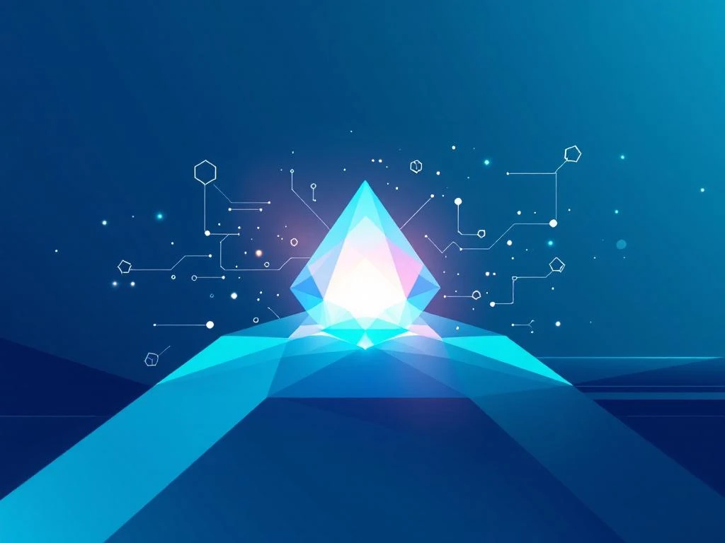 Digitale kristal omringd door geometrische vormen en pijlen in blauw-cyaan kleurverloop voor leren en ontwikkeling