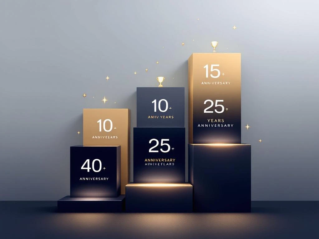 Geometrische mijlpaalmarkeringen met jubileumcijfers 5, 10, 15, 25, 40 jaar in opstijgende trap met gouden accenten