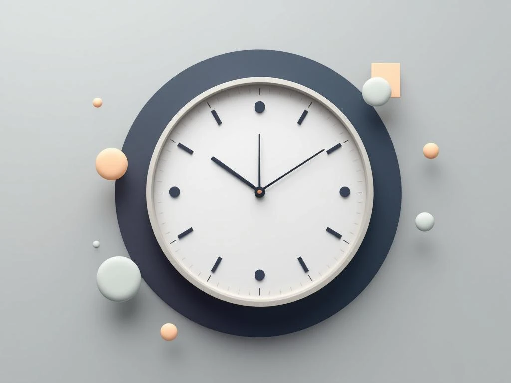 Minimalistische klok met geometrische lijnen op gradiënt achtergrond, omringd door zwevende vormen in groentinten