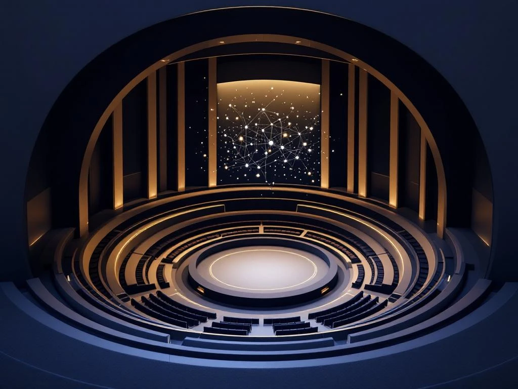 Moderne amfitheater met gebogen zitplaatsen rondom centraal podium, abstracte kennissymbolen zweven erboven