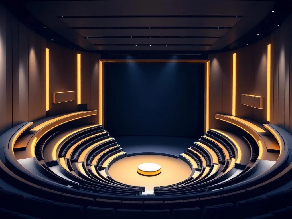 Moderne amfitheater met gebogen tribunes rond centraal podium, donkerblauw met gouden accenten en zwevende geometrische vormen