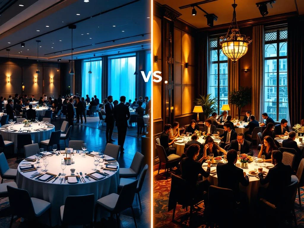 Split-screen vergelijking van formele netwerkbijeenkomst met professionals in pakken versus casual lunch networking