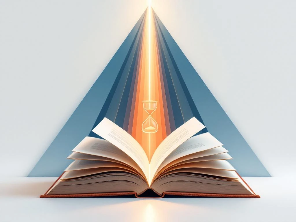 Open boek met pagina's die omhoog zweven en veranderen in lichtstralen, met zandloper symbool op witte achtergrond