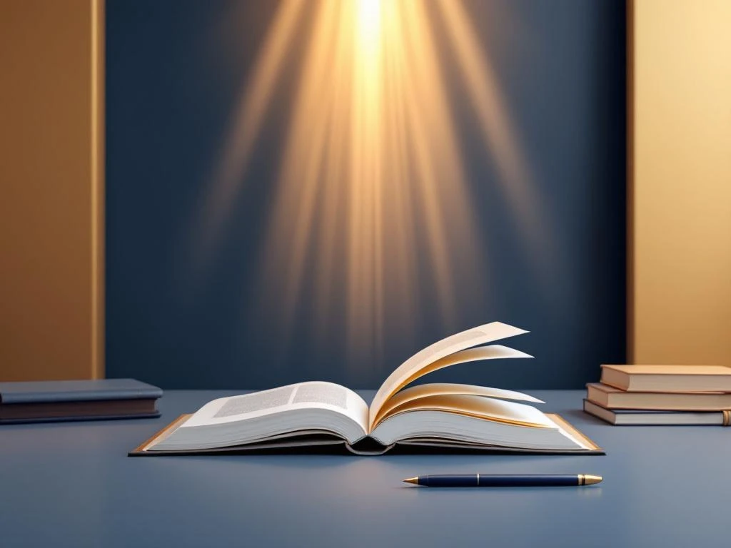 Open boek met zwevende pagina's die veranderen in lichtstralen, moderne werkplek met notitieboek en pen op navy-gouden achtergrond