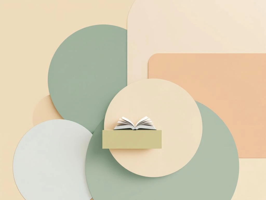 Minimalistisch onderwijsontwerp met boekpictogram omringd door geometrische vormen in zachte groene en beige tinten