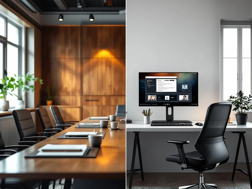 Gesplitst scherm toont moderne conferentieruimte links en thuiskantoor met online leerinterface rechts