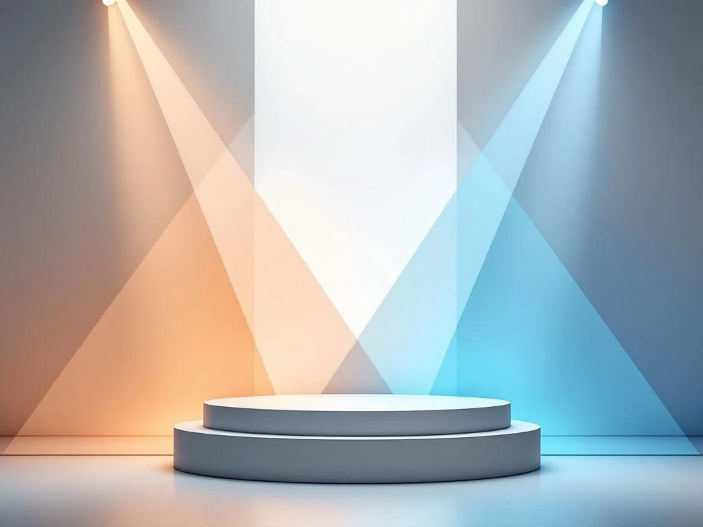 Minimalistisch podium met geometrische lichtstralen in amber en blauw, microfoon en netwerkpunten op witte achtergrond