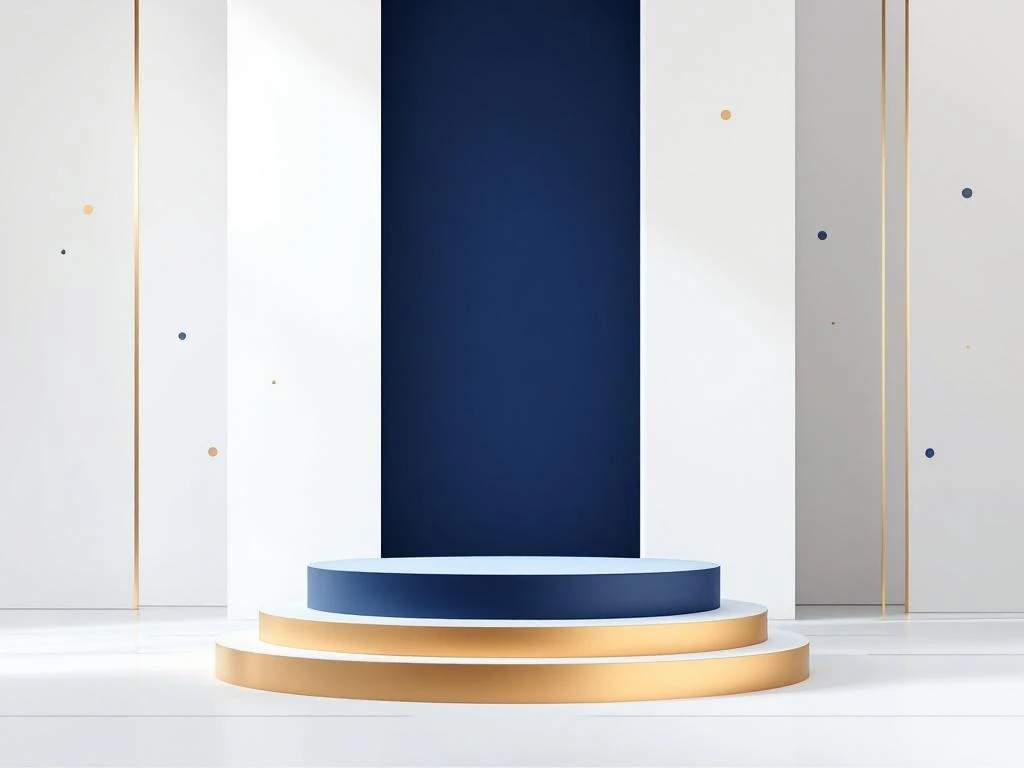 Elegante marineblauw en gouden podium met geometrische elementen op witte achtergrond voor presentaties