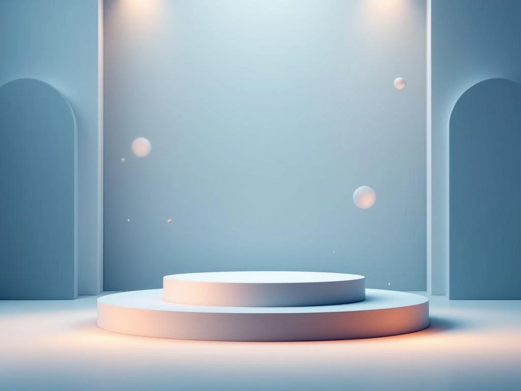 Minimalistische spreekgestoelte met geometrische vormen en blauwe achtergrond voor professionele presentaties