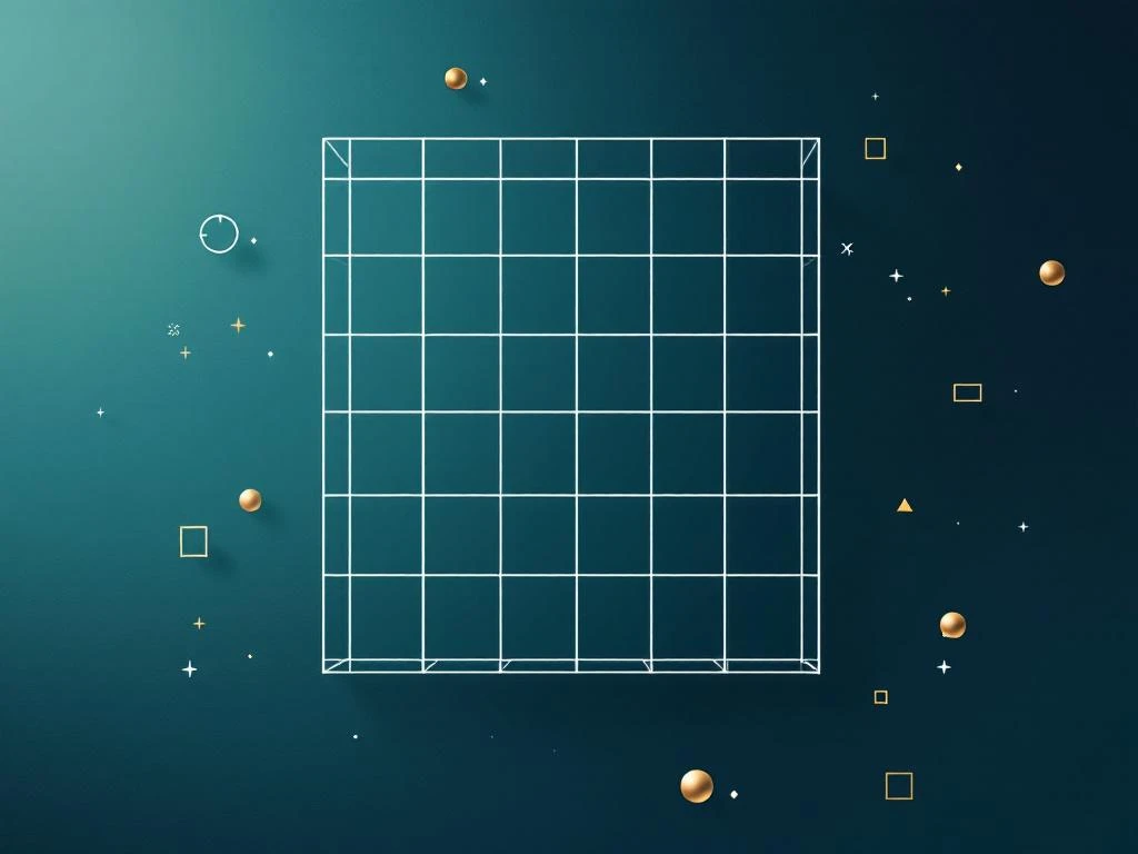 7x7 raster in wit op blauw-groene achtergrond met drijvende gouden geometrische vormen voor PowerPoint presentaties