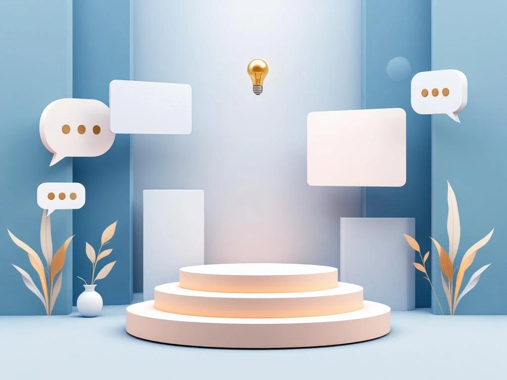 Minimalistisch ontwerp met 3D presentatiepodium omringd door geometrische vormen, spraakballonnen en gloeilampen in blauw-goud