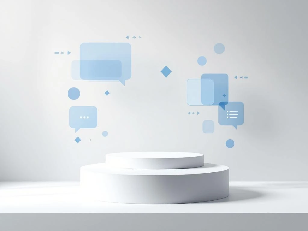 Wit podium met geometrische presentatie-elementen, spreekbellen en pijlen in minimalistische blauwe en grijze compositie