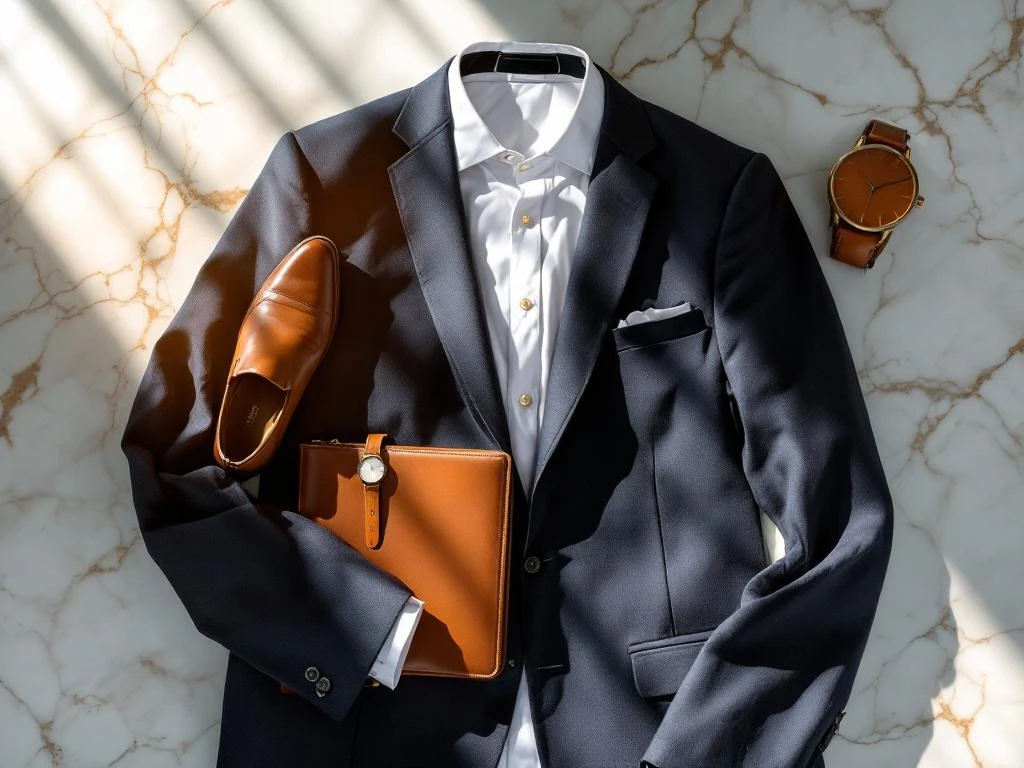 Professionele congreskleding op marmeren oppervlak: marineblauw blazer, wit overhemd, leren schoenen en accessoires