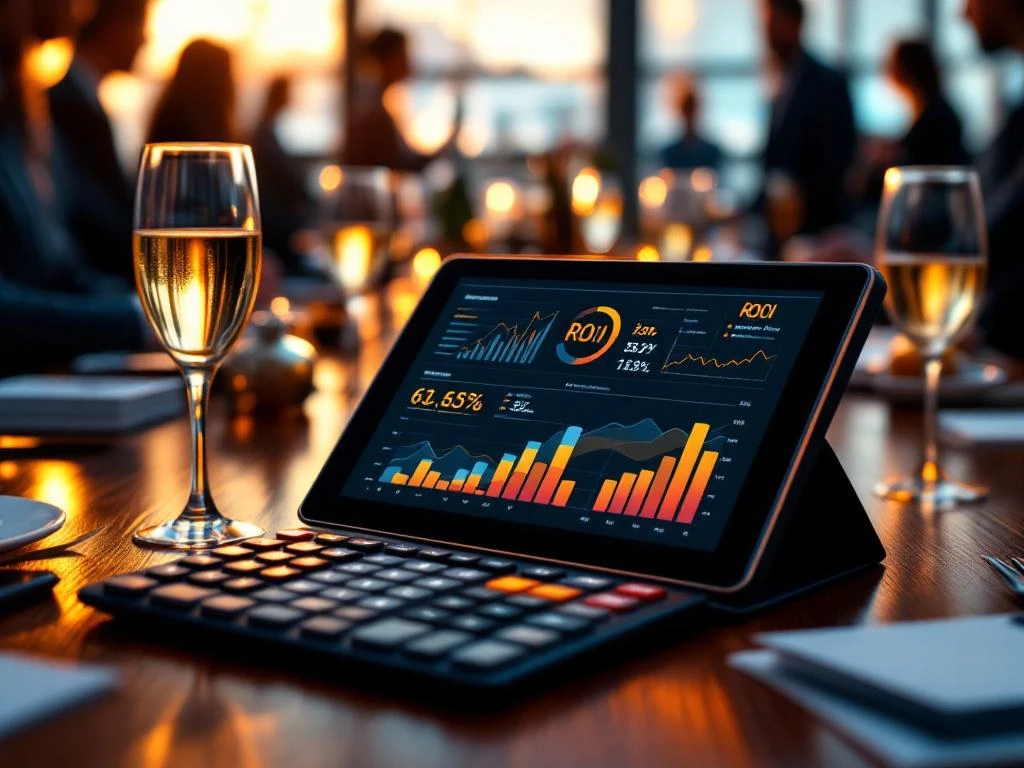 Digitale tablet toont kleurrijke ROI-grafieken op conferentietafel met champagneglazen en visitekaartjes tijdens netwerkevent