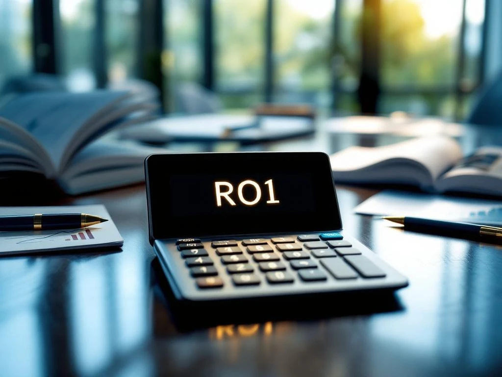 Calculator met "ROI" op scherm op conferentietafel met grafieken, notitieboeken en educatieve materialen in professionele setting
