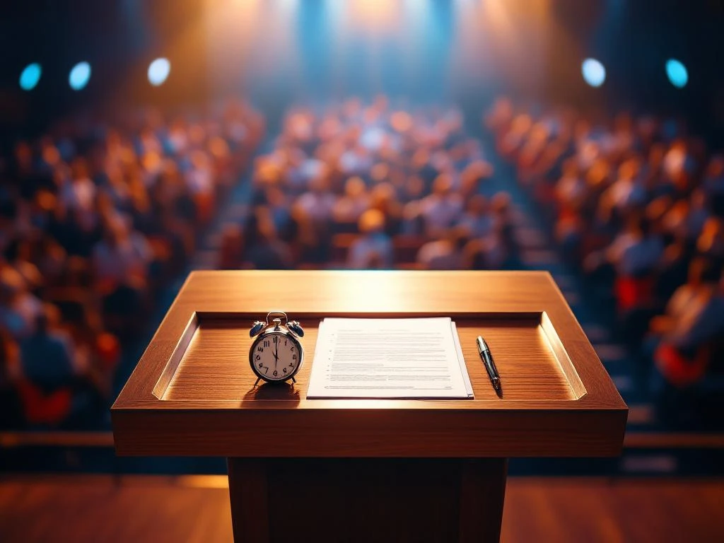 Stopwatch op houten spreekgestoelte met verlichte conferentiezaal op de achtergrond