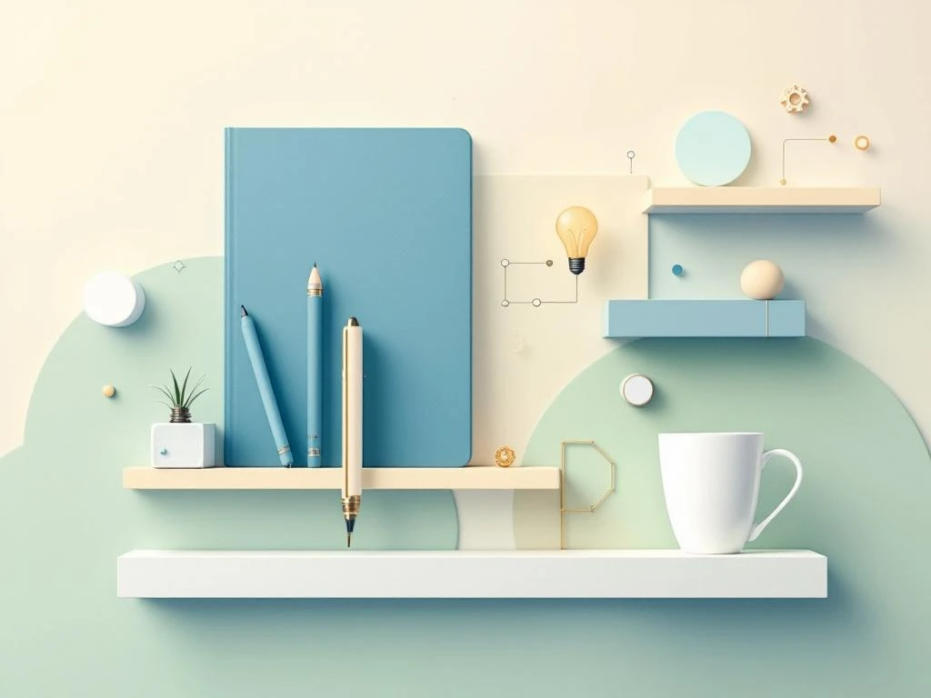 Symmetrische compositie met notebooks, tablets en koffiekopjes op crème-salie verloop achtergrond voor studie en leren