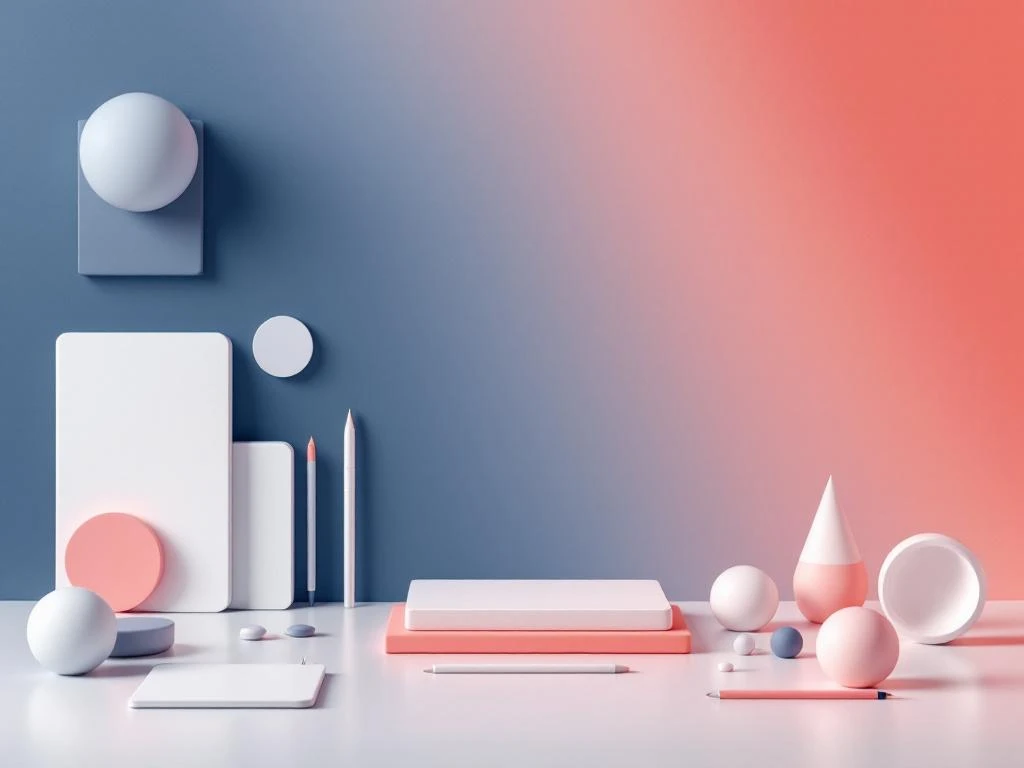 Minimalistische bureauopstelling met witte notitieboeken en tablets symmetrisch gerangschikt tegen blauwe gradiënt achtergrond