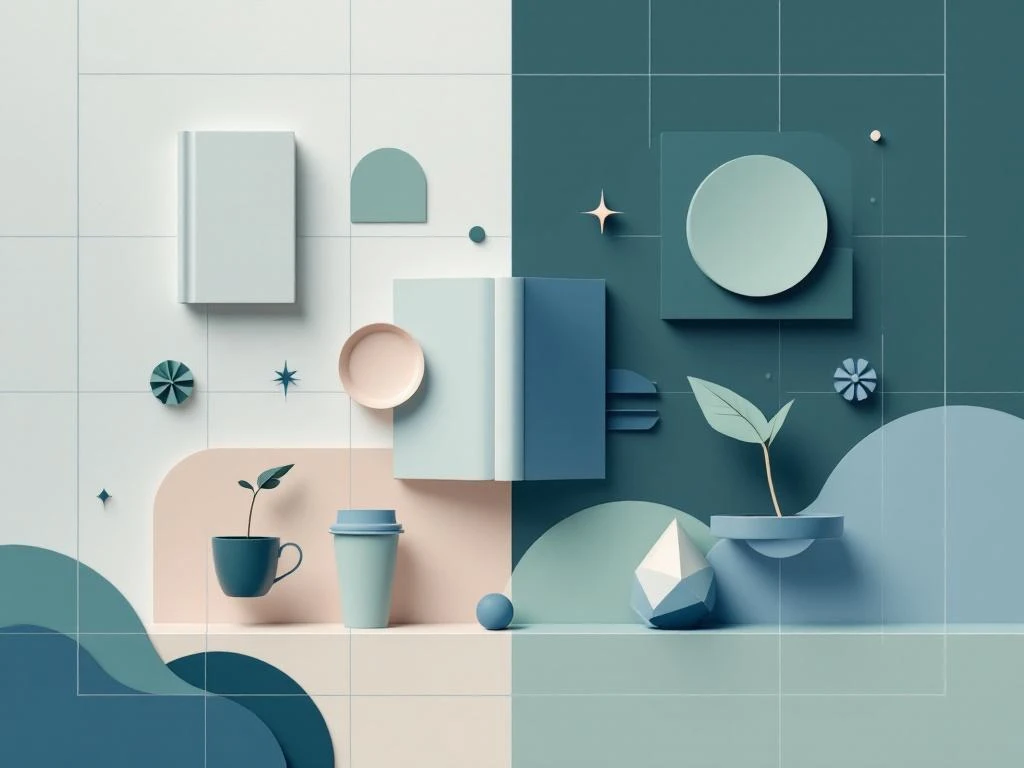 Minimalistische studie-elementen in symmetrische compositie: boeken, koffiekop en samenwerkingsruimtes op witte achtergrond