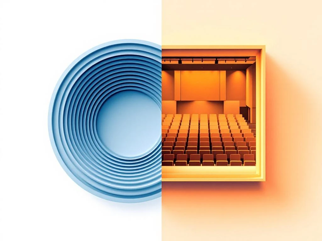 Gesplitst scherm met circulair amfitheater in blauw en rechthoekig auditorium in oranje, voorstellend symposium versus conferentie