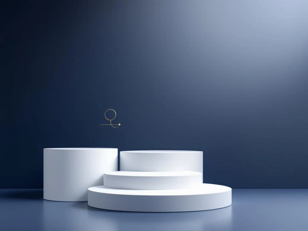 Minimalistische compositie met witte podiums op verschillende hoogtes tegen navy-grijze achtergrond met gouden accenten