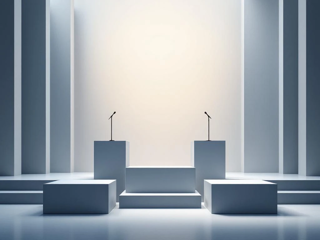 Minimalistisch symposium met geometrische podia op verschillende hoogtes, microfoons en abstracte kennisdelingssymbolen