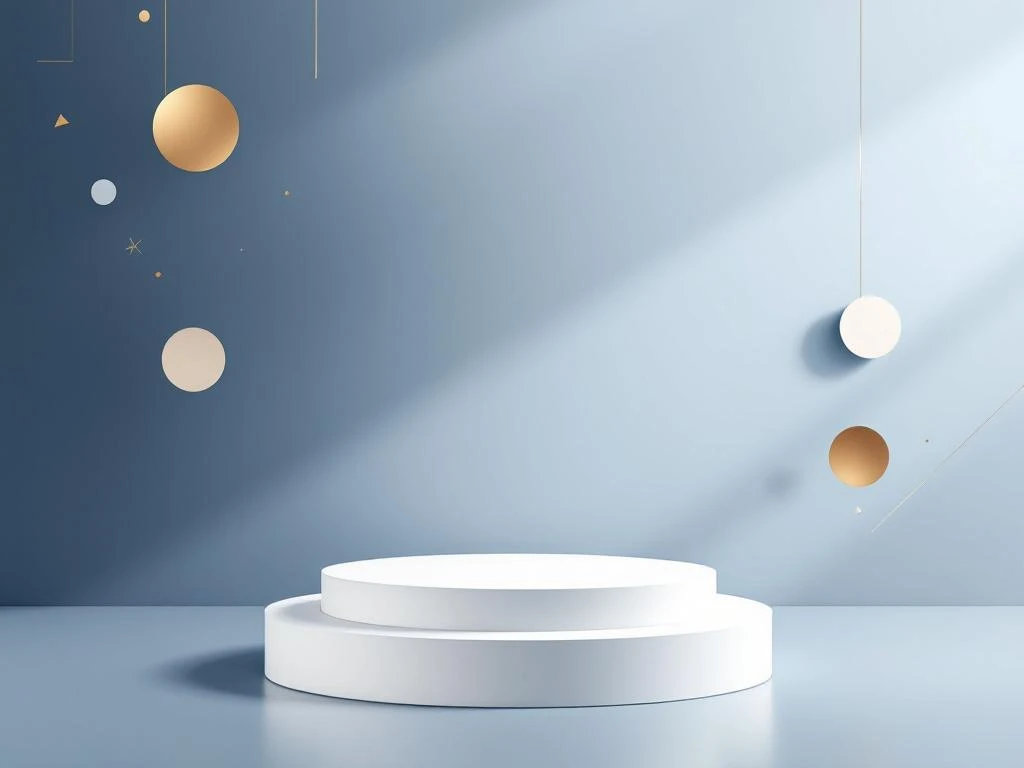 Witte conferentiepodium met geometrische vormen in goud en grijs op blauwe gradiënt achtergrond voor symposium