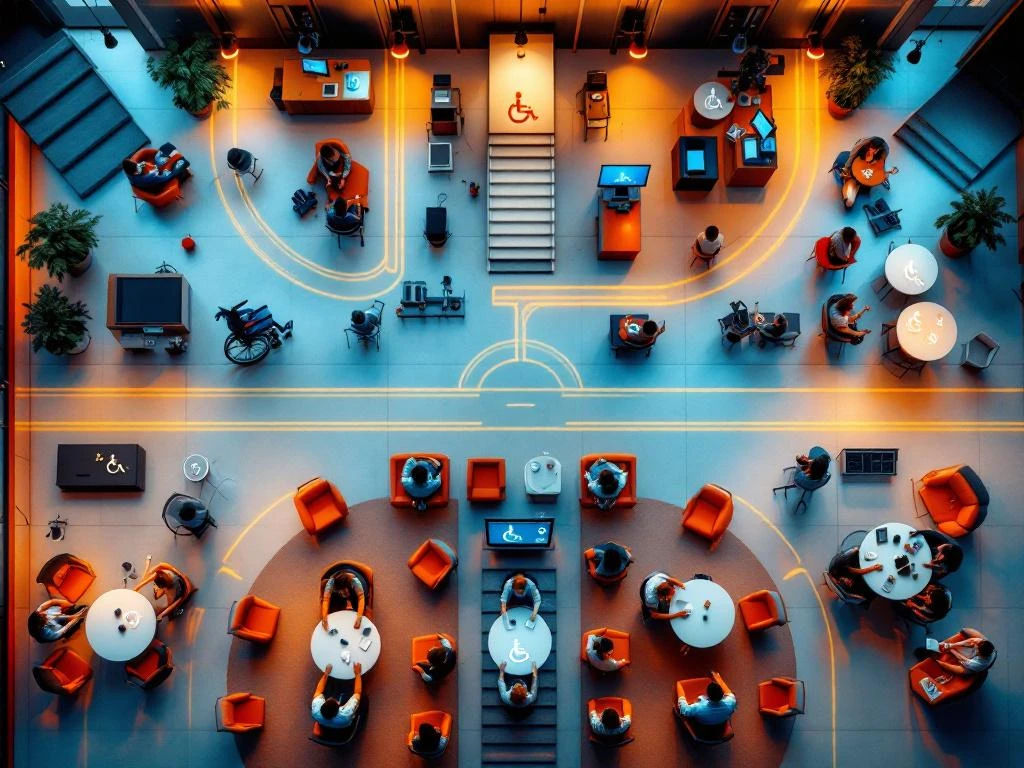 Toegankelijke conferentieruimte met rolstoelvriendelijke zitplekken, gebarentolk stations en assistieve technologie