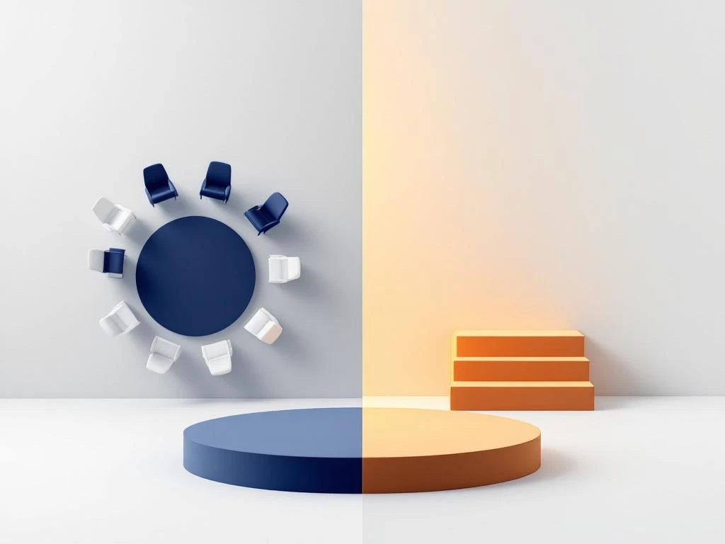 Gesplitst scherm met cirkel van stoelen links en presentatiepodium rechts, toont verschil tussen discussie en presentatie