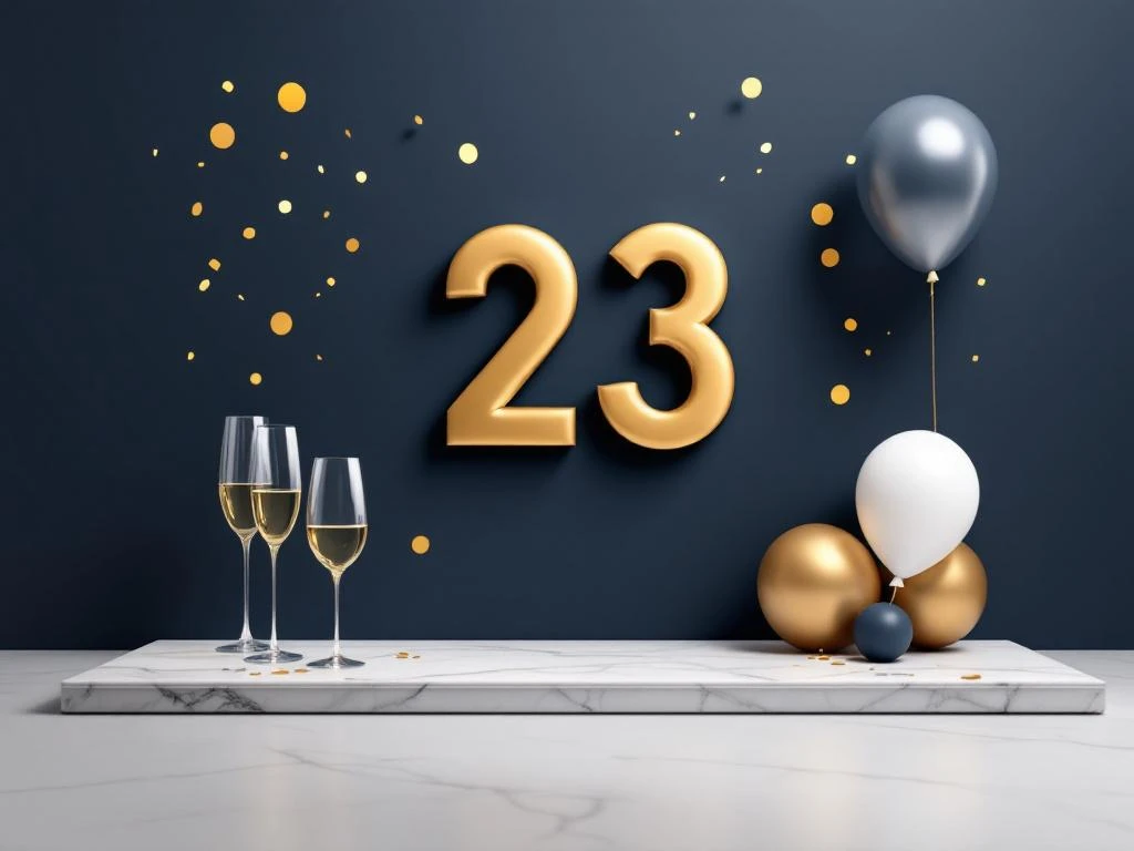 Gouden jubileumnummers zweven boven marmeren oppervlak met champagneglazen, confetti en ballonnen in navy, goud en wit