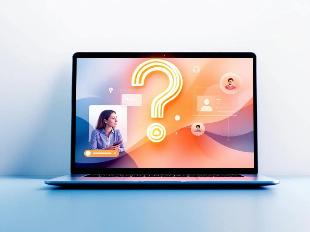 Laptop met videogesprek en webinar presentatiescherm verbonden door geometrische lijnen op witte achtergrond