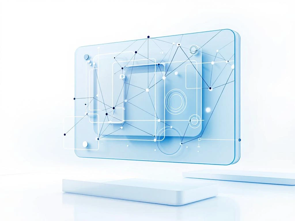 Minimalistisch transparant tabletscherm met blauwe webinar-interface elementen en geometrische verbindingslijnen op witte achtergrond