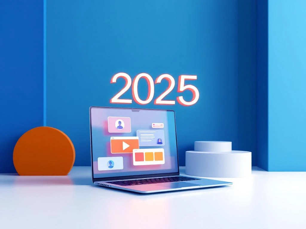 Moderne laptop met gloeiende webinar-interface en zwevende "2025" tekst tegen blauwe gradiënt achtergrond