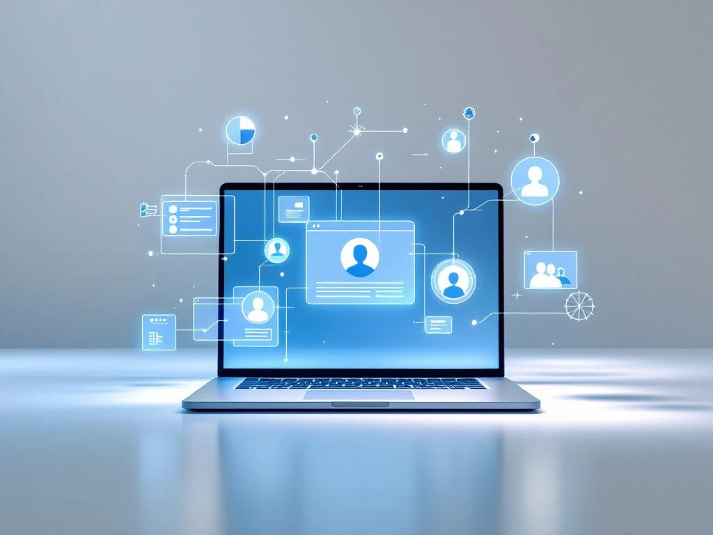 Laptop met webinar-interface en blauwe geometrische vormen op witte achtergrond, digitaal leren concept