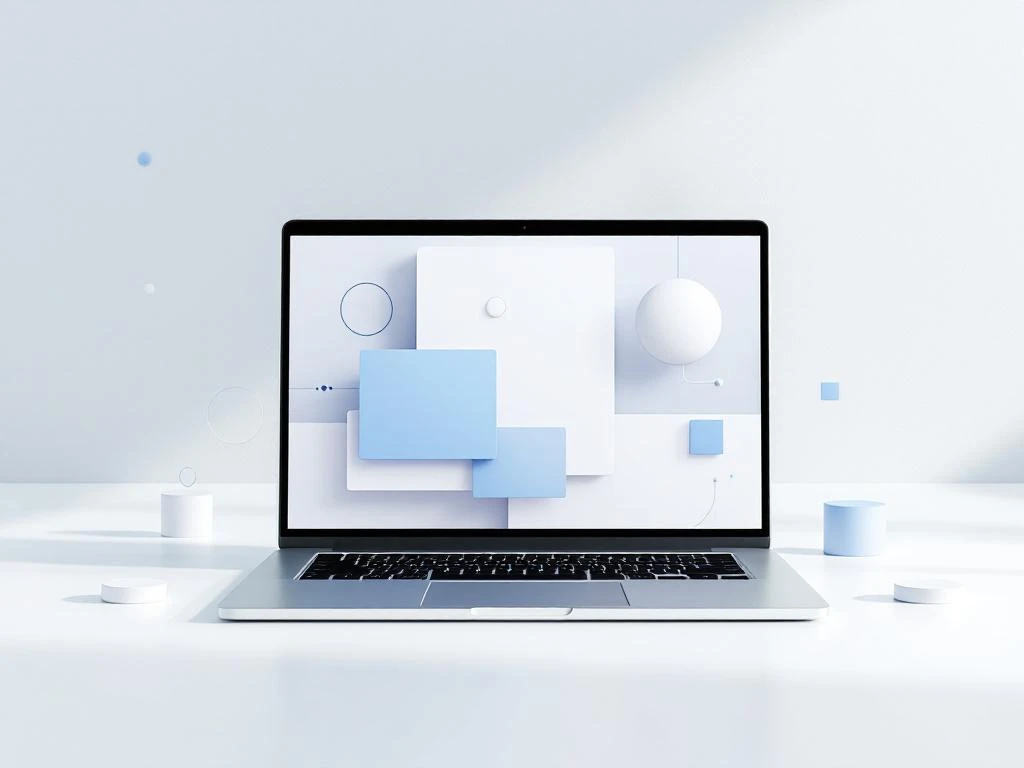 Moderne laptop met webinar-interface op wit oppervlak, omringd door blauwe geometrische vormen en verbindingslijnen