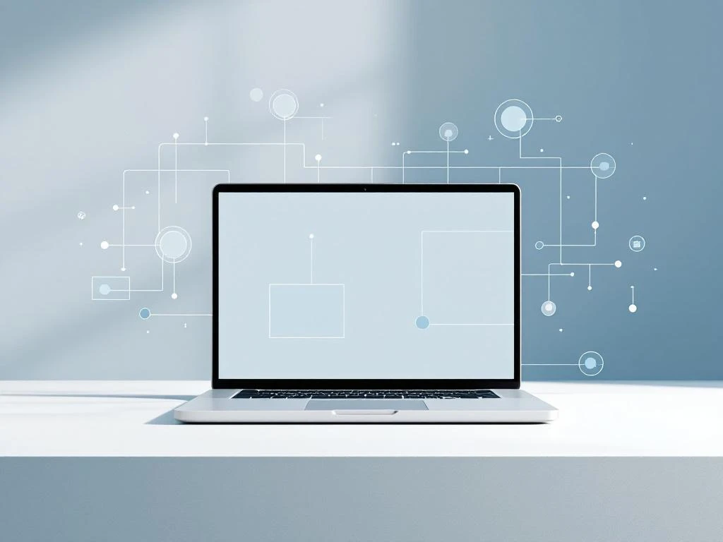 Laptop met webinar-interface op wit bureau, omringd door digitale connectiviteitsiconen in blauw en wit.