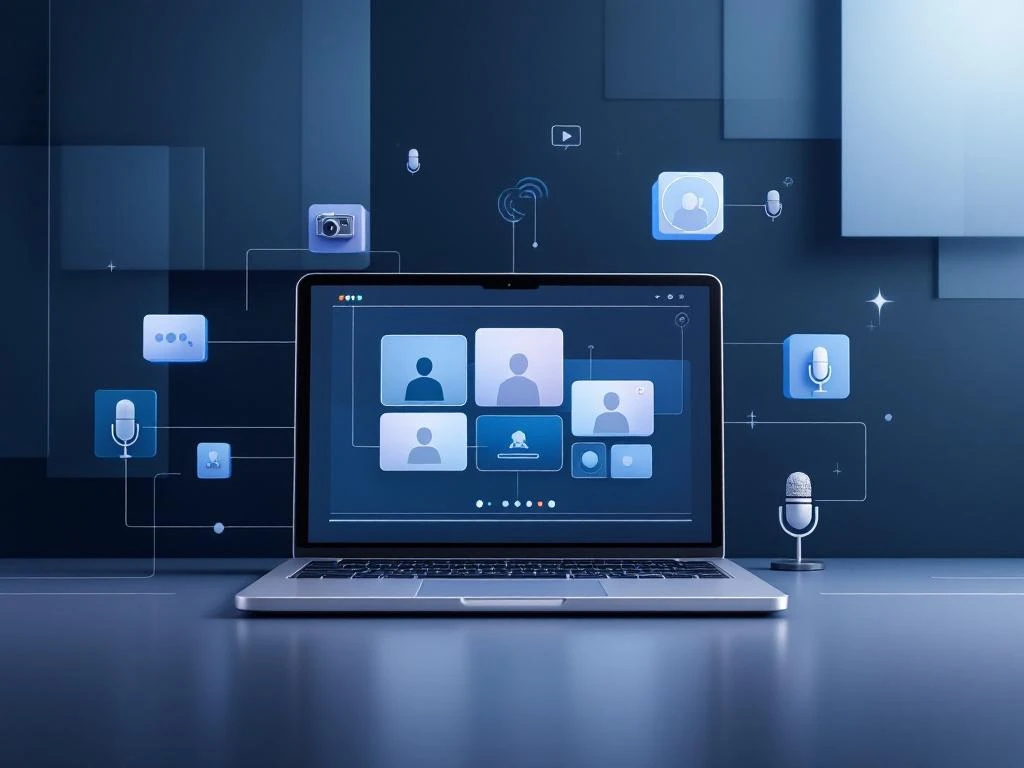 Laptop toont webinar interface met video tegels, omringd door zwevende microfoon en camera iconen in blauw en zilver