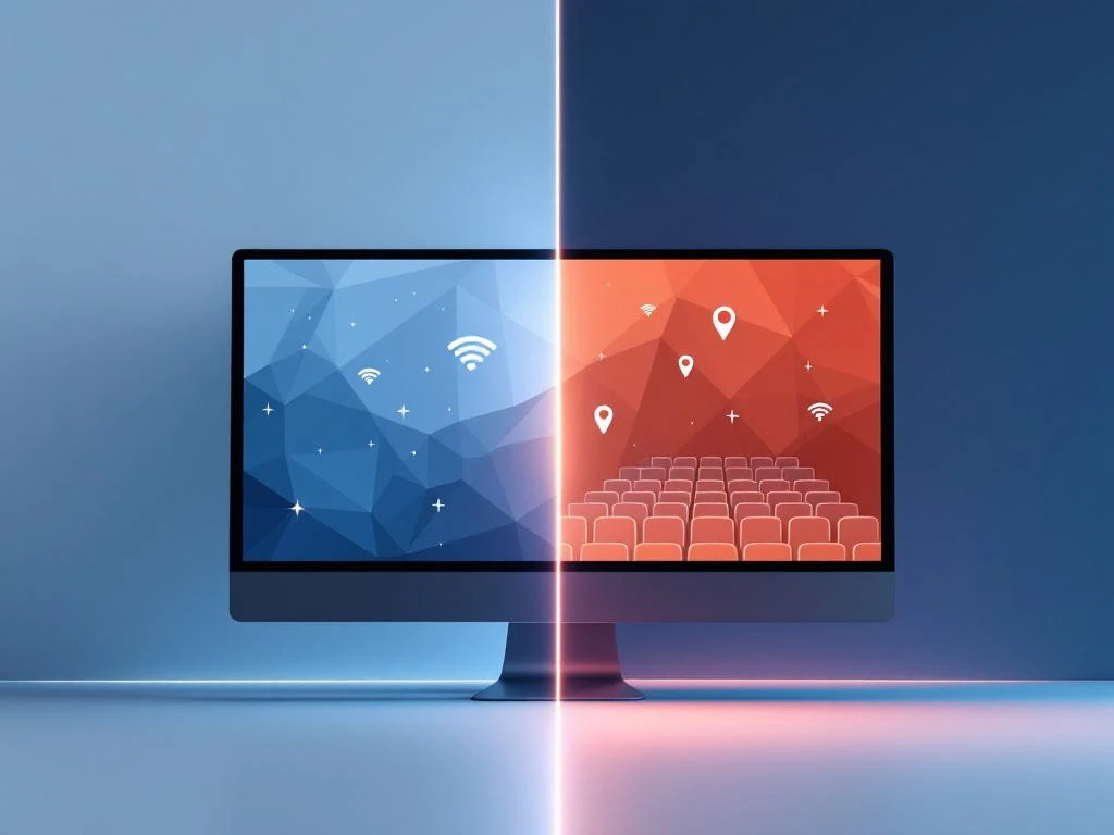 Split-screen vergelijking van digitale webinars (blauwe computerscherm) en fysieke seminars (oranje auditorium silhouet)
