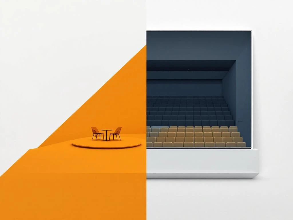 Gesplitst scherm toont intieme workshop cirkel links en groot auditorium rechts, contrast tussen kleine en grote evenementen