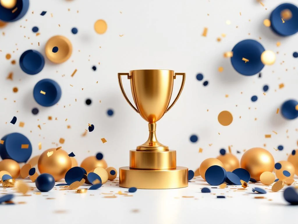 Gouden trofee met geometrische confetti en tijdlijn op witte achtergrond voor bedrijfsjubileum viering