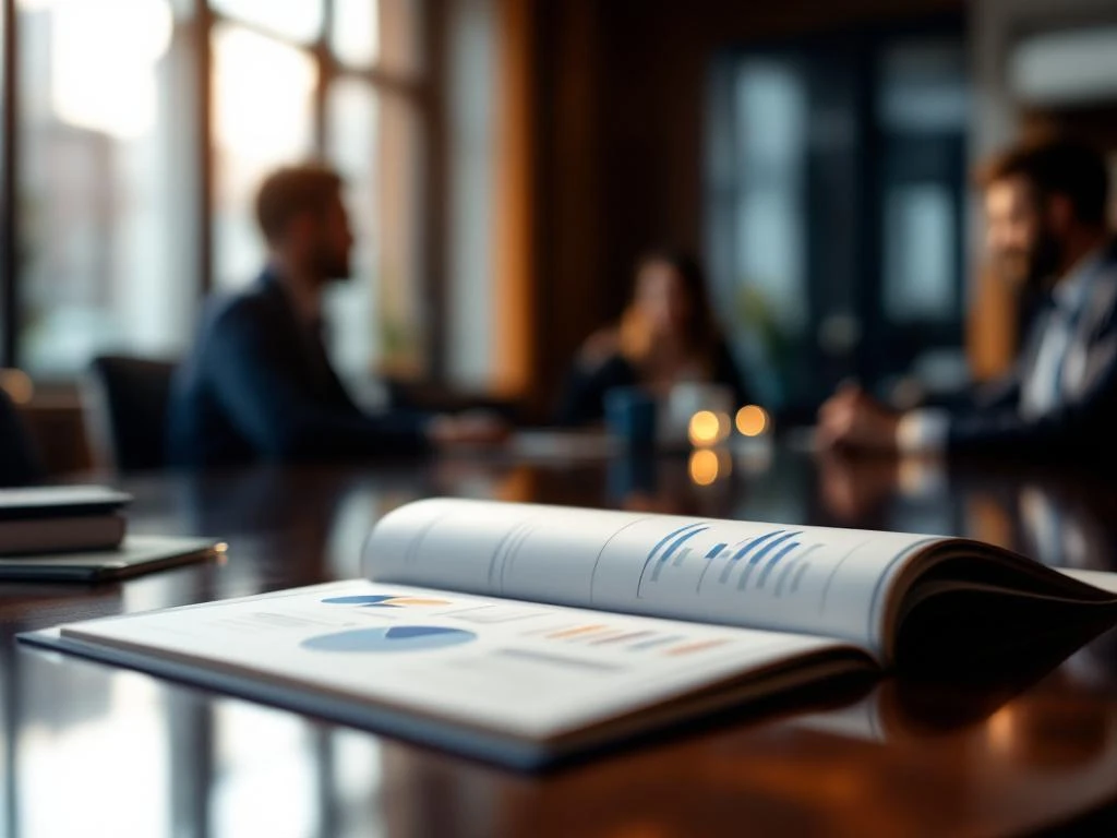 Open presentatiemap met netwerkdiagrammen op mahonie vergadertafel, zakenmensen op achtergrond in boardroom