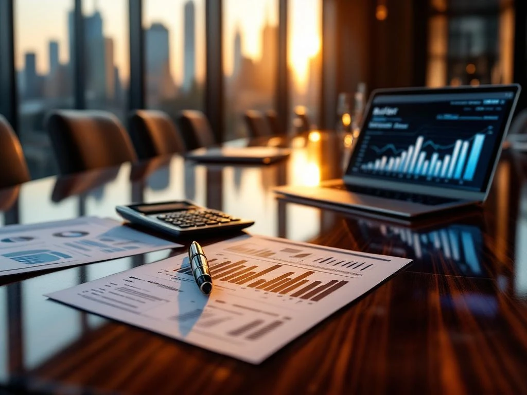Mahonie vergadertafel met financiële documenten, laptop met grafieken en rekenmachine in luxe boardroom met stadsgezicht