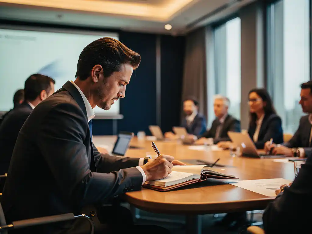 Professional neemt aantekeningen in leren notitieboek aan ronde vergadertafel, collega's in gesprek, presentatiescherm op achtergrond.