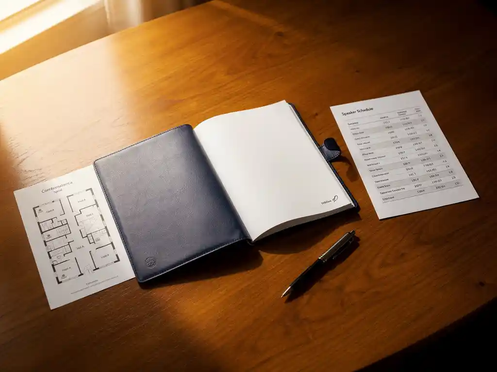 Leren conferentieagenda op eikenhouten tafel met sprekersschema, pen en plattegrond van de congreslocatie.