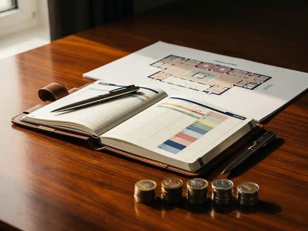 Opengeslagen leren planner met budgetoverzicht, conferentiezaalplattegrond, zilveren pen en gestapelde euromunten op eikenhouten bureau.