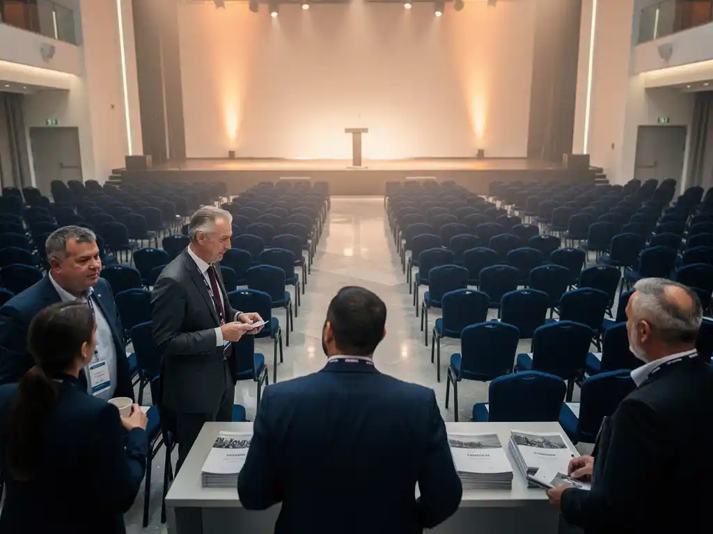 Conferentiezaal met stoelrijen voor verlicht podium, netwerken de bezoekers op de voorgrond bij registratiebalie met naamkaartjes.
