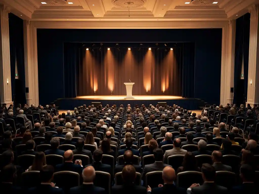 Volle conferentiezaal met rijen bezoekers gericht op een verlicht podium met spreekgestoelte, warm amberkleurig licht tegen marineblauw decor.