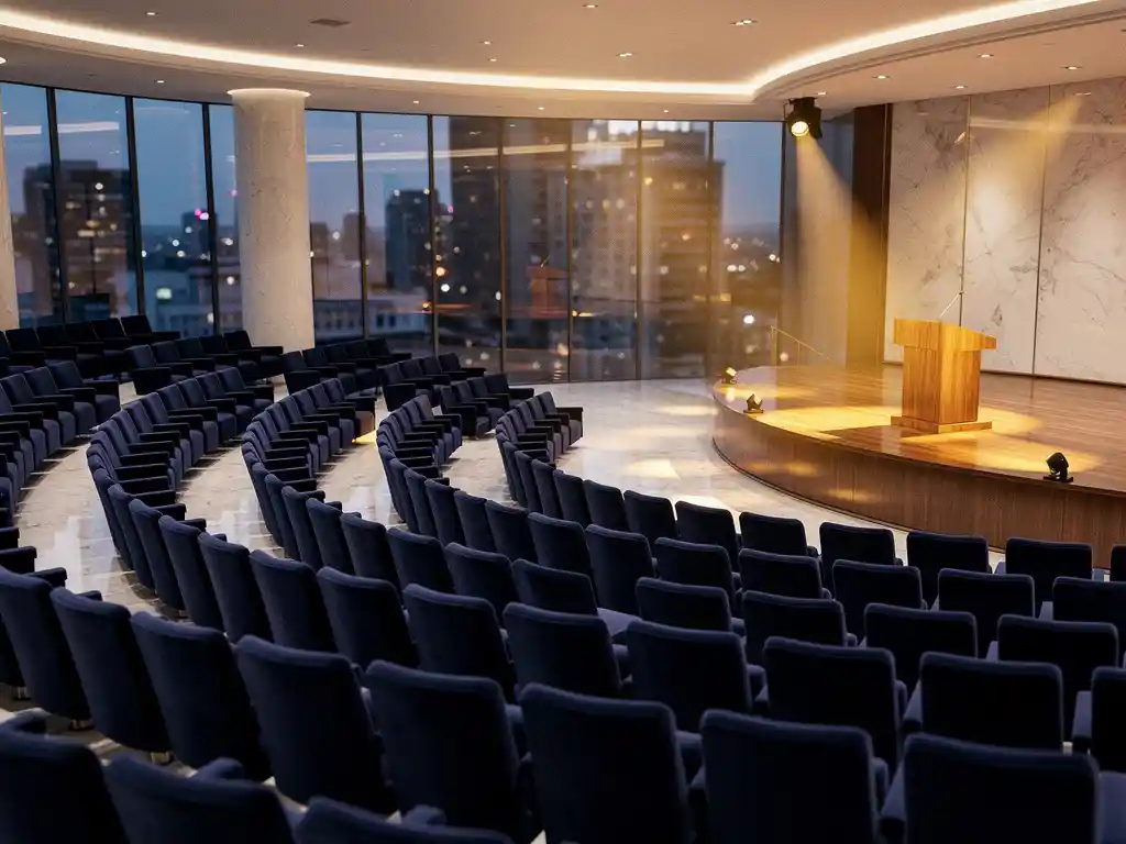 Grote conferentiezaal met gebogen stoelrijen in marineblauw, gouden spotlights op houten spreekgestoelte en stadsgezicht achter raamwanden.